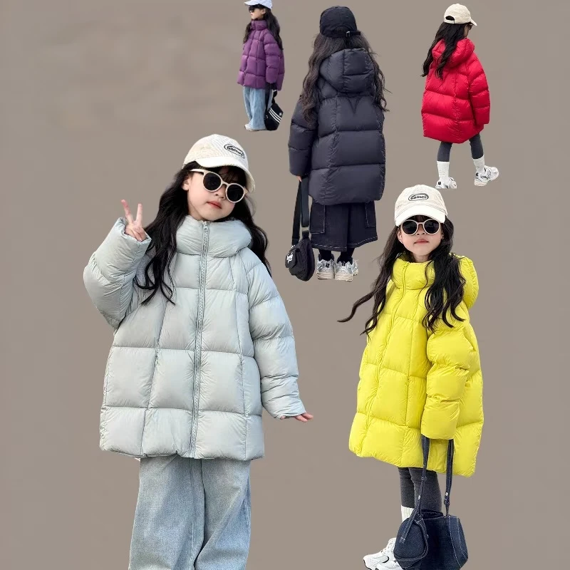 女童羽绒服2025冬季新款儿童中长款90白鸭绒儿童加厚泡芙连帽外套