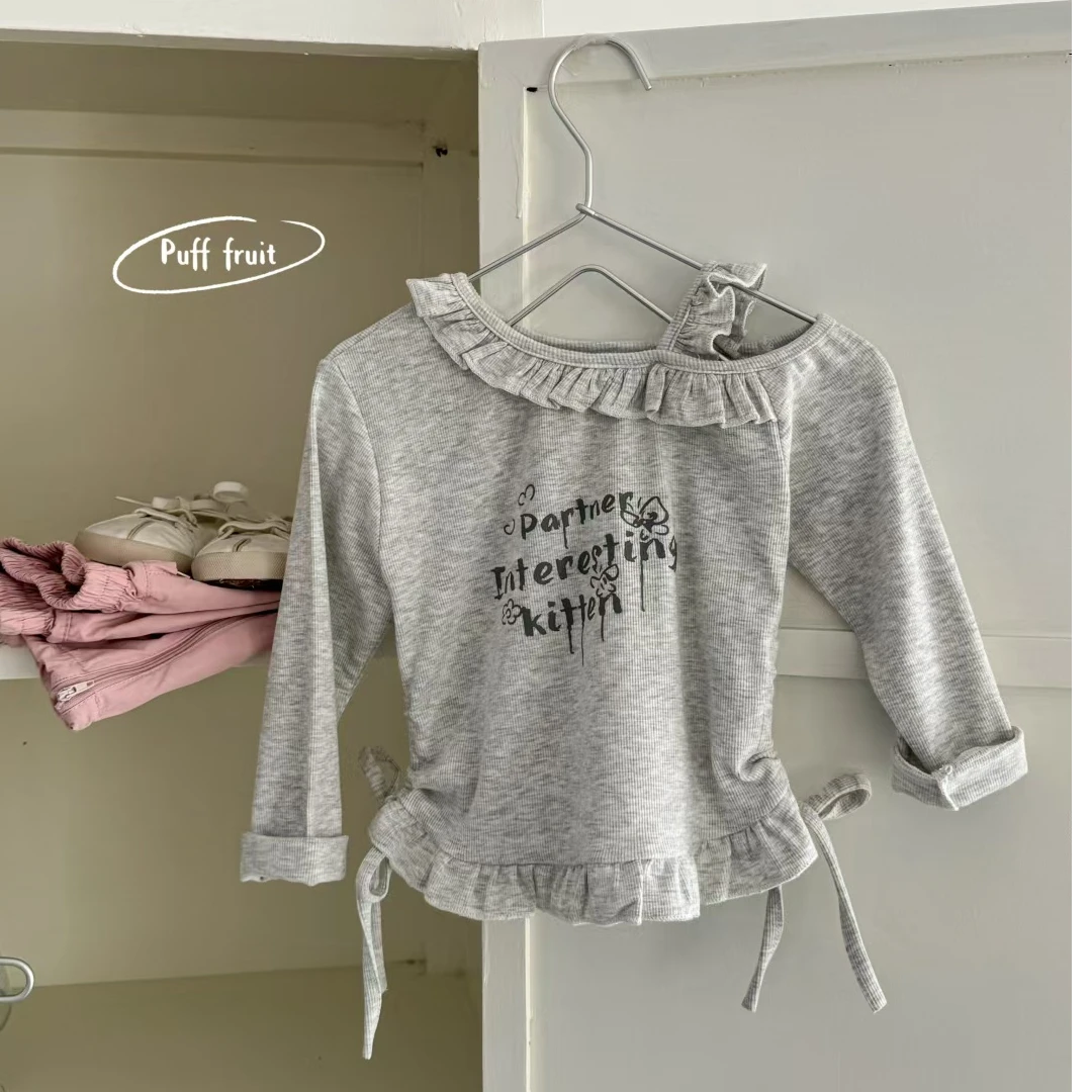 PUFF-9160-儿童春季新款时尚洋气百搭字母印花露肩长袖上衣