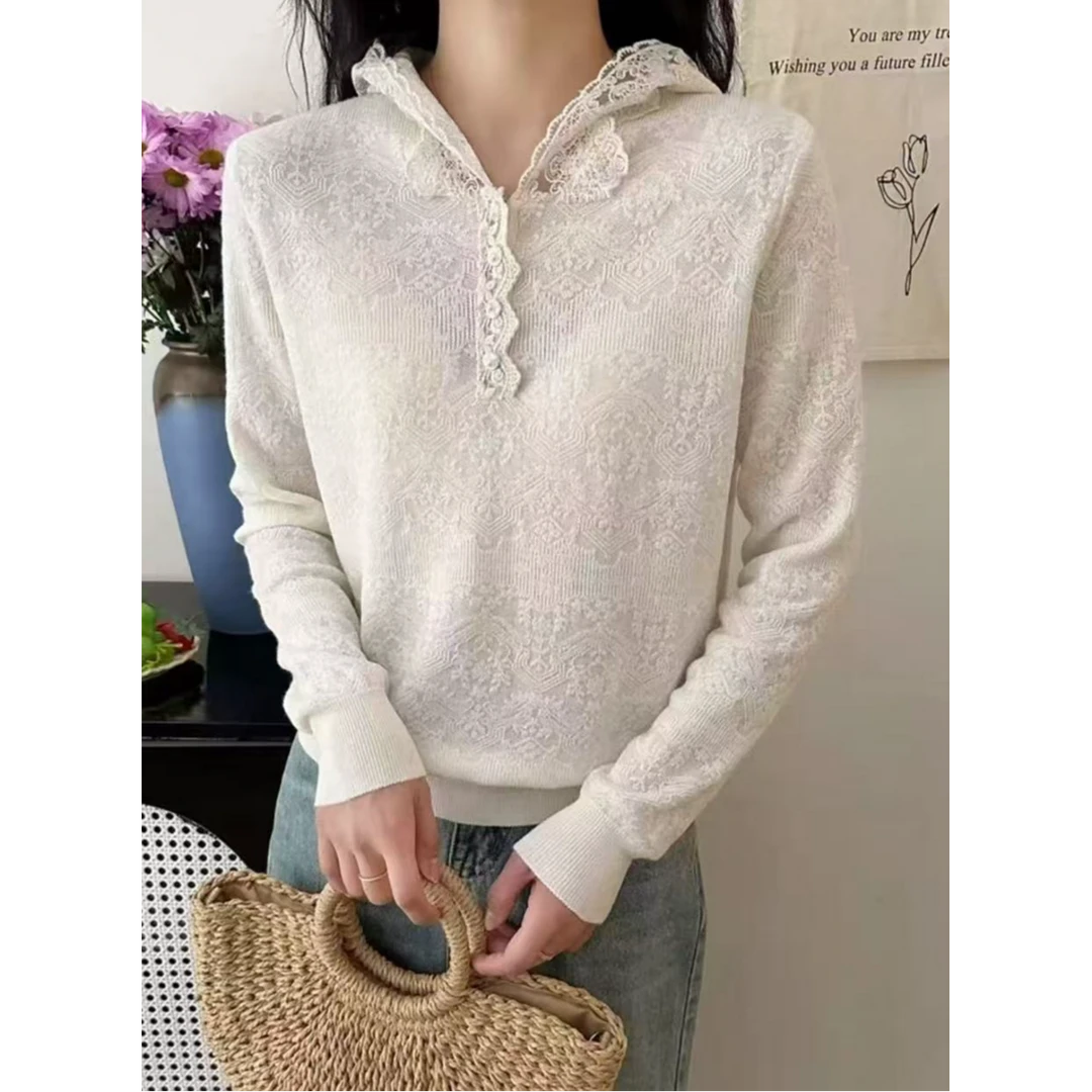 3513【千炫女装】轻奢女装纯色设计高级感连帽蕾丝上衣
