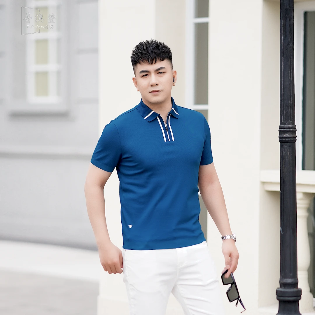 普澳登 夏季新款撞色轻奢潮流百搭休闲舒适男士透气半拉链polo衫