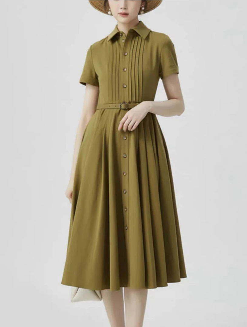 512 法式优雅复古收腰翻领连衣裙简约大气中长裙不配腰带