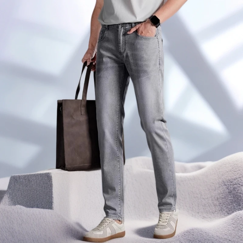 宾斯洛特浅色天丝牛仔裤男士修身小直筒裤子男夏季薄款冰丝休闲裤