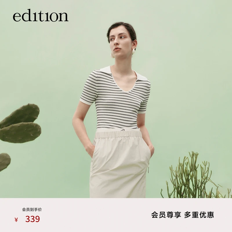 edition条纹polo领针织衫女修身短袖上衣#EBC2SWTT07