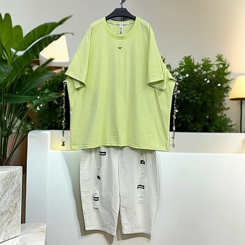 260-300斤 衣长80胸围160 随意风破剪刺绣冰棉T恤