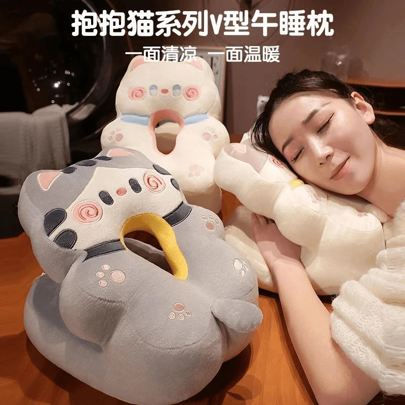 【午休神器】冰丝毛绒双面猫咪午睡枕卡爱卡通儿童趴趴枕教室办公