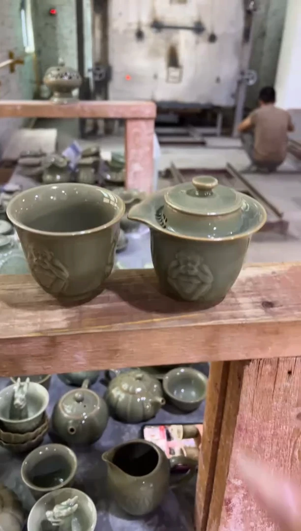 耀州窑青瓷三不猴快客壶+三不猴大杯1只