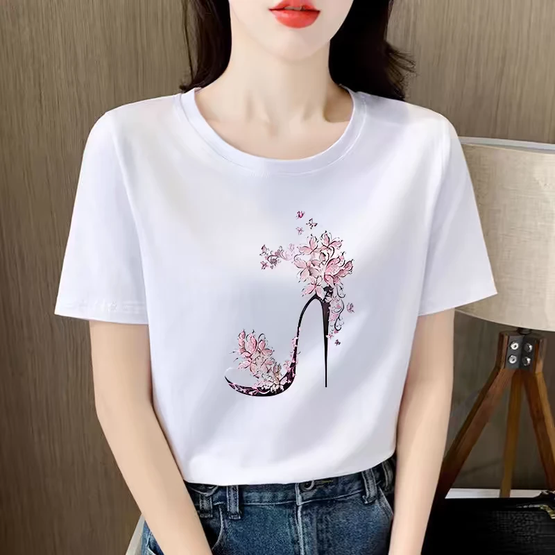 印花常规T恤短袖植物花卉宽松型通勤圆领透气常规款