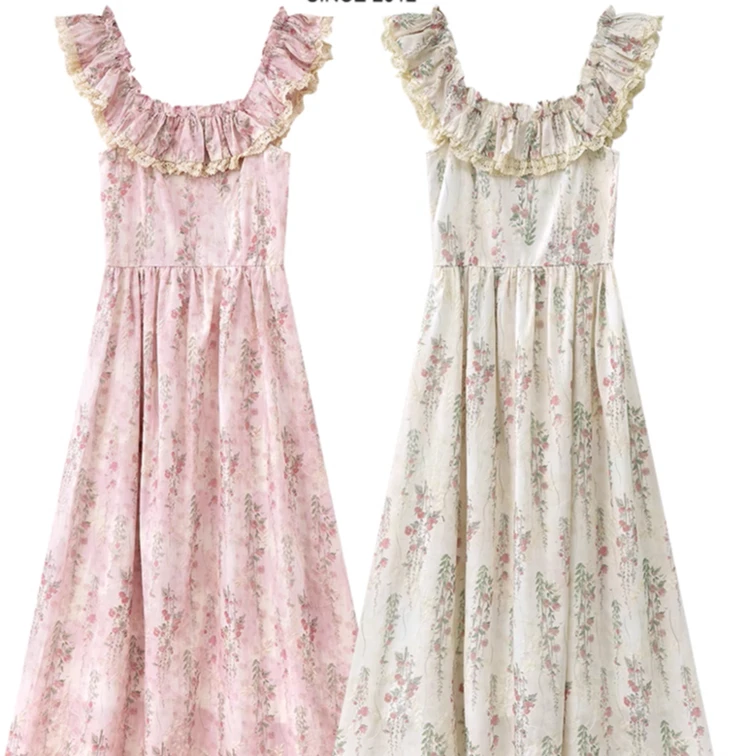 （清货）油画感碎花小清新重工蕾丝花边收腰连衣裙2030