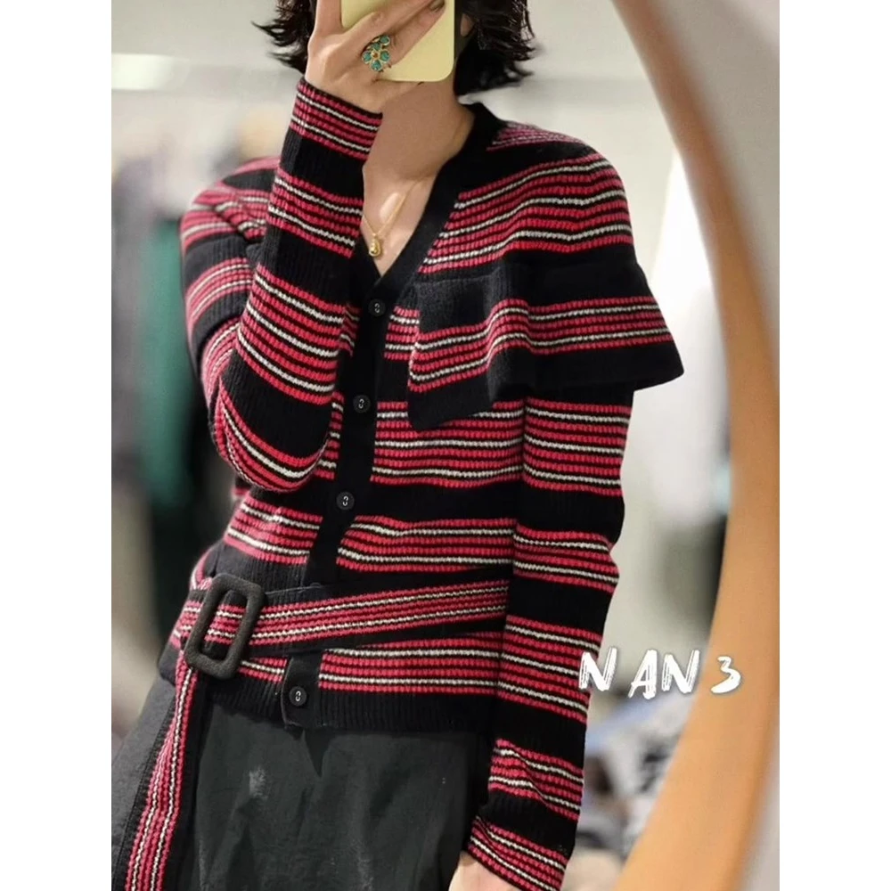 复古风V领撞色拼接针织开衫女早秋季新款小众系带收腰高级感上衣