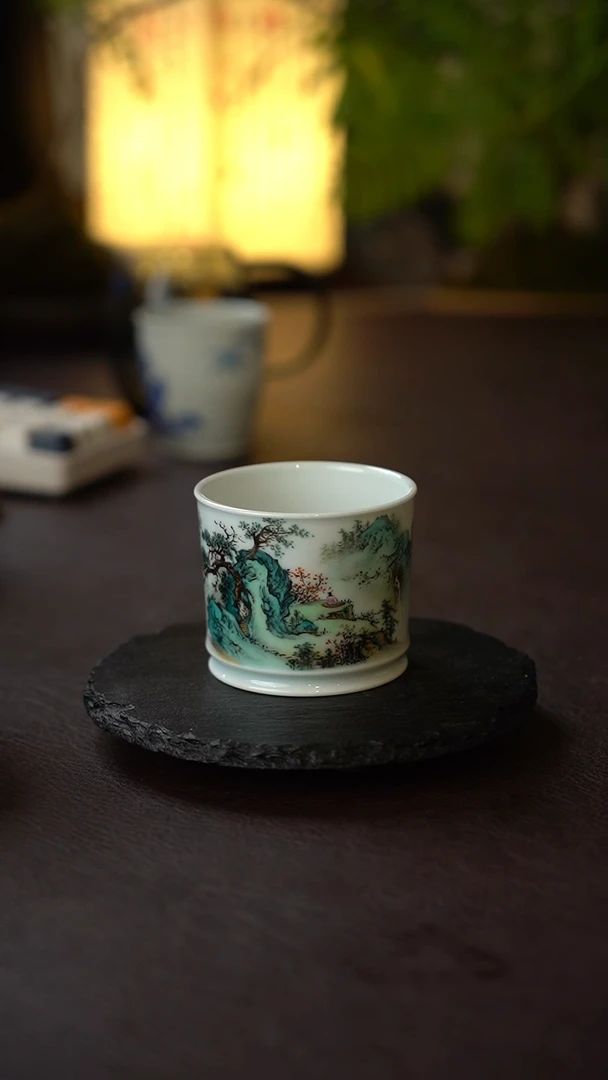 用**哥王钢全手工手绘青绿山水容天杯