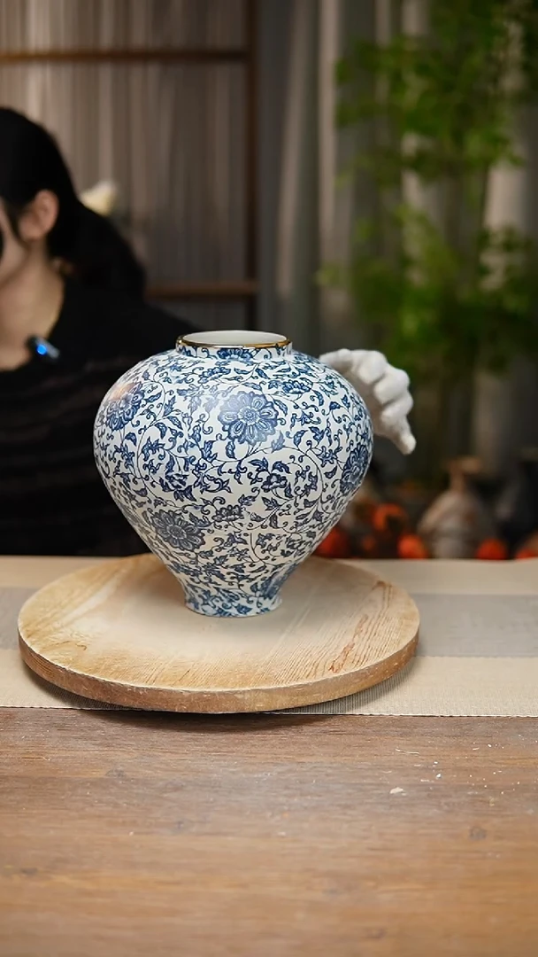 【闪购商品】陶瓷花器青花瓷缠枝莲月亮罐