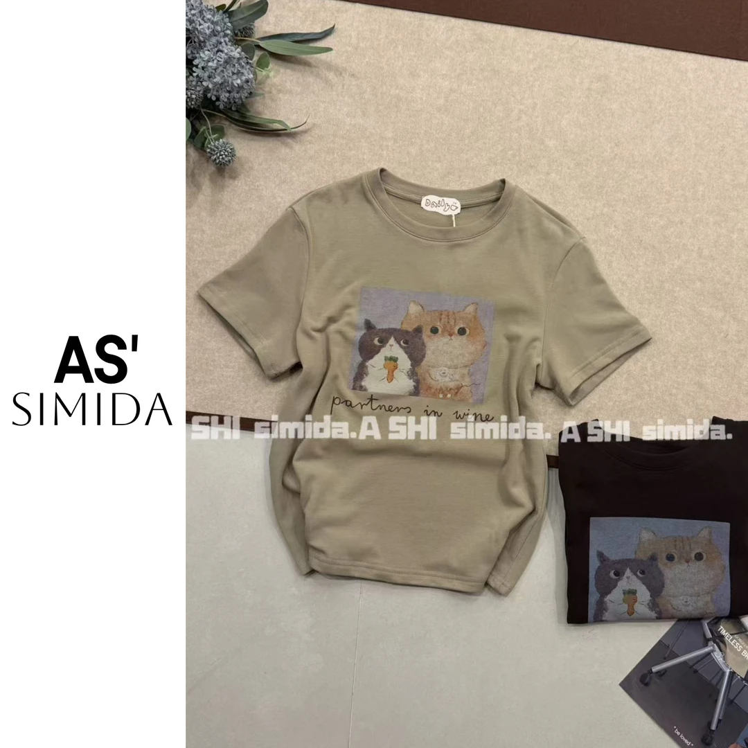 SIMIDA诗觅  韩系猫咪印花磨毛秋冬短T