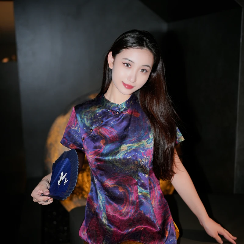 蓝大【柳烟织】新中式桑蚕丝短袖7854