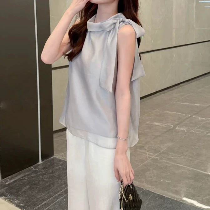 法式气质无袖蝴蝶结漂亮小衫女2025年夏季新款小众设计高级感上衣