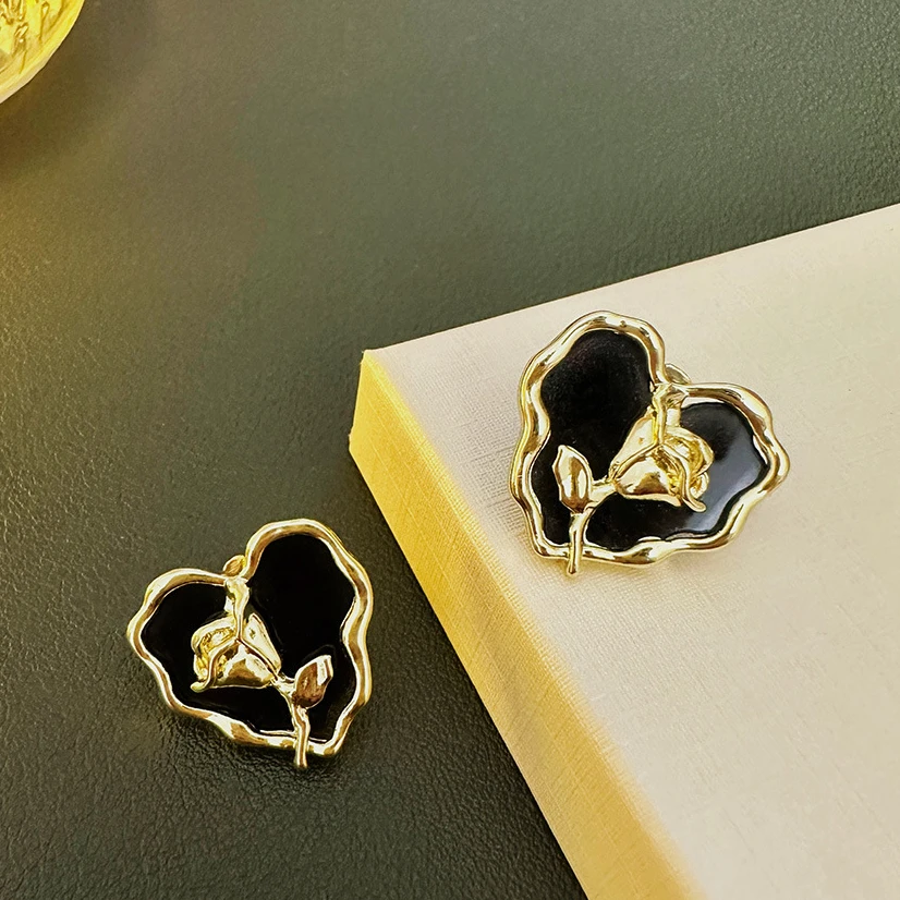 合金耳饰 K33黑金玫瑰花爱心耳钉925气质冷淡风耳环高级感耳饰