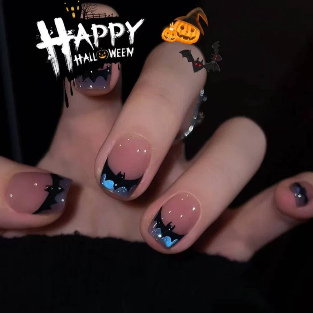 【小鬼魅影】万圣节黑蝙蝠手工穿戴甲短款蓝色猫眼裸色美甲穿戴甲片