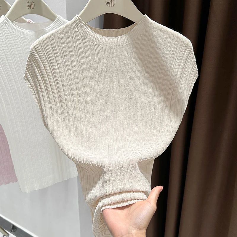 燕麦色韩系别致飞飞袖T恤夏季新款针织圆领上衣显白气质内搭女款
