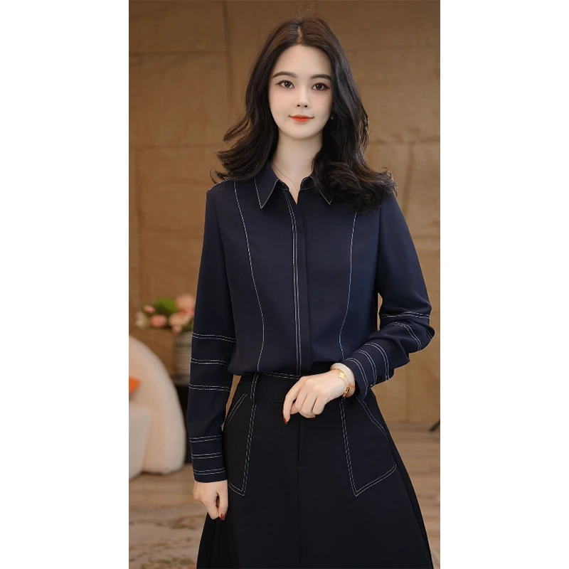 【小陈甄选】曼贝衬衫长袖上衣女士高级显瘦8591574藏青色气质衬衣