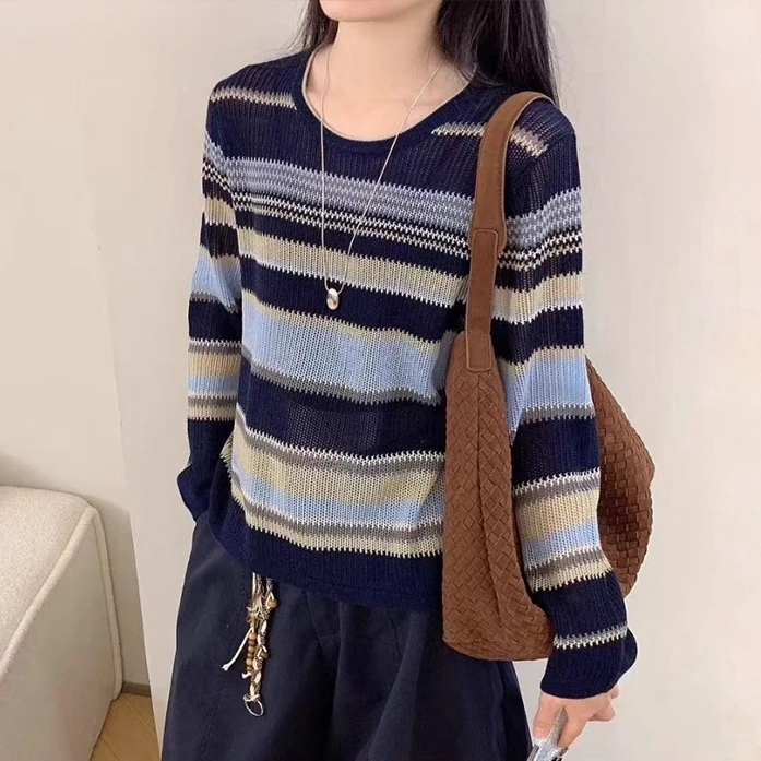 撞色条纹女装针织衫毛衣秋冬长袖宽松圆领拼色百搭薄款上衣打底衫