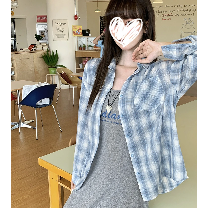 法式吊带长裙子连衣裙两件套女秋季气质百搭格纹宽松长袖衬衫外套
