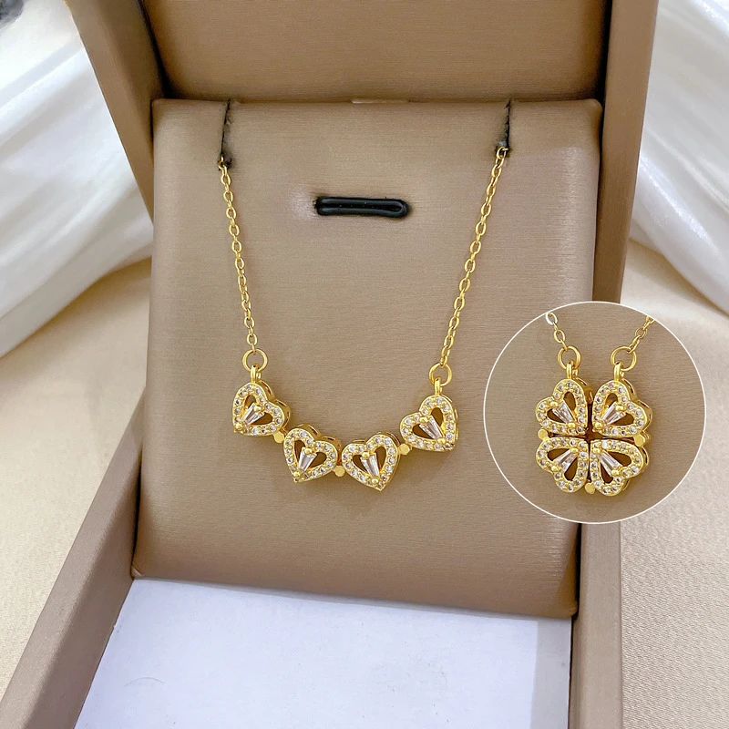 钛钢项链 精致简约新款一款两戴心连心开合四叶花满钻百搭锁骨链