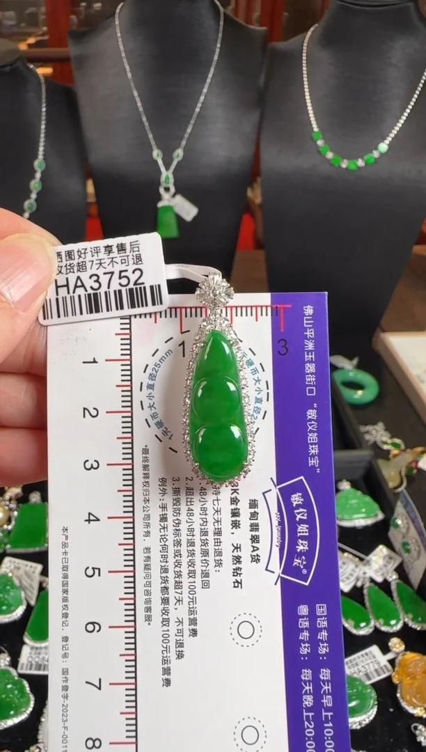 颈饰18K金镶嵌翡翠HA3752冰绿富贵豆