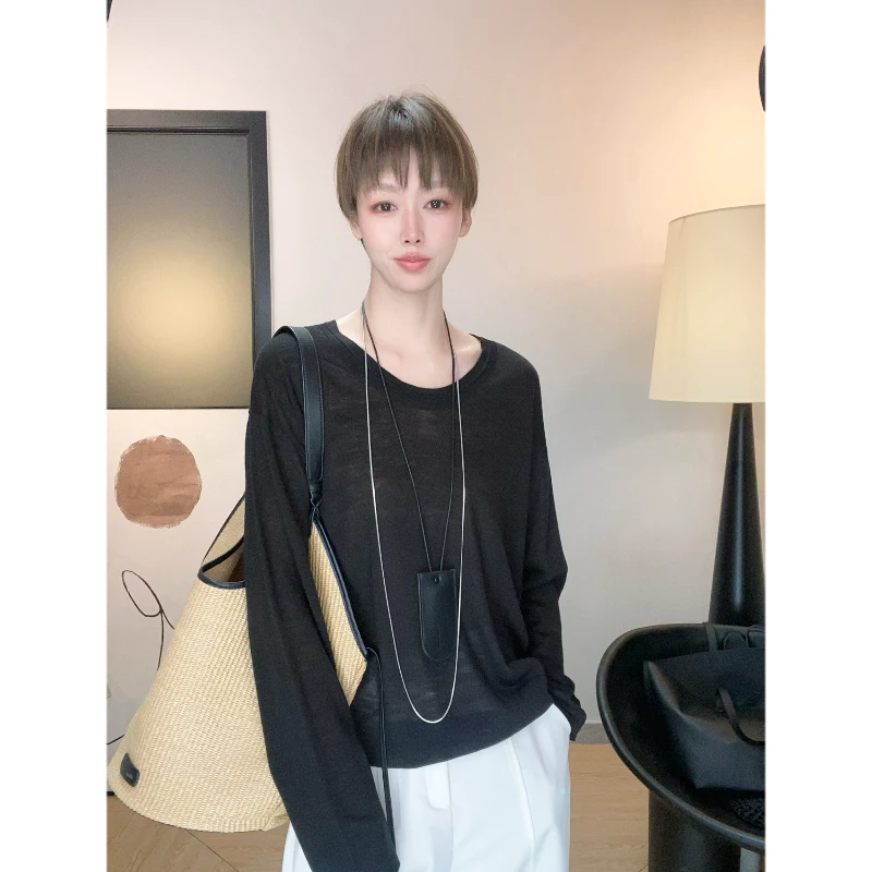 《幻彩亚麻》长袖针织衫T恤慵懒松弛感纸片人春夏薄款圆领上衣超