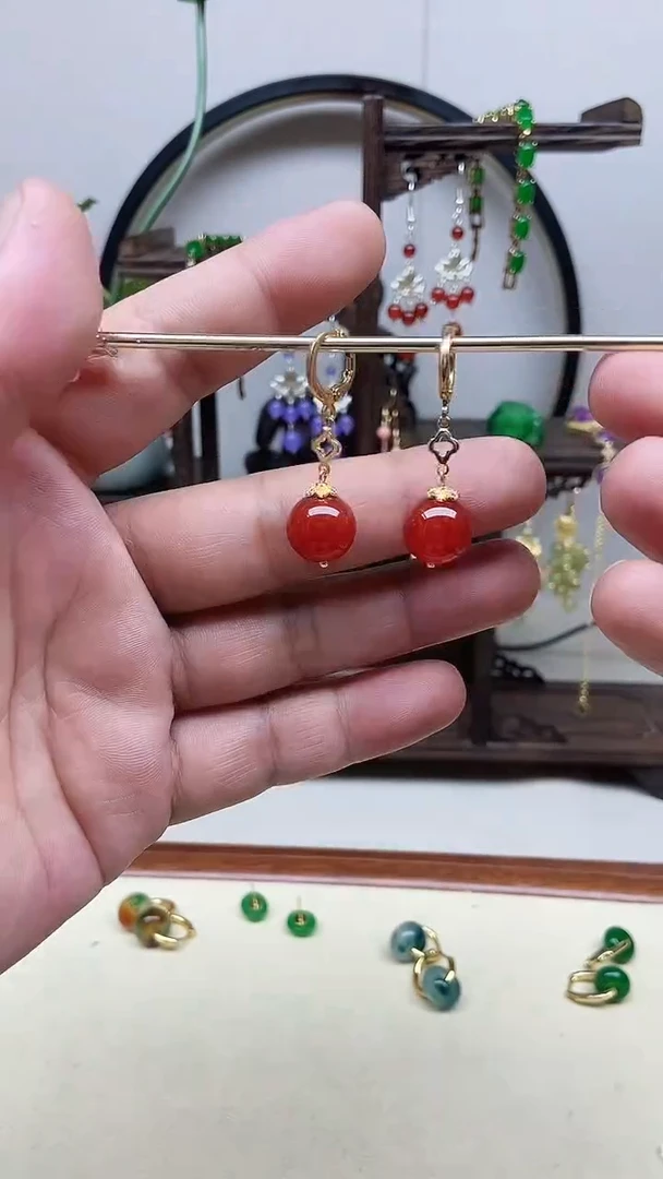 南红玛瑙14K金镶嵌耳饰99号