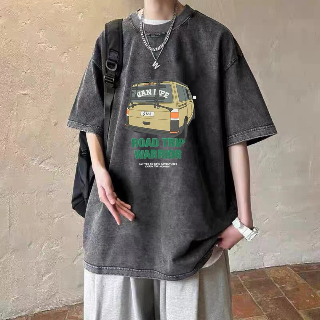 夏季圆领短袖t恤男款潮牌宽松美式复古纯棉水洗做旧印花体恤上衣