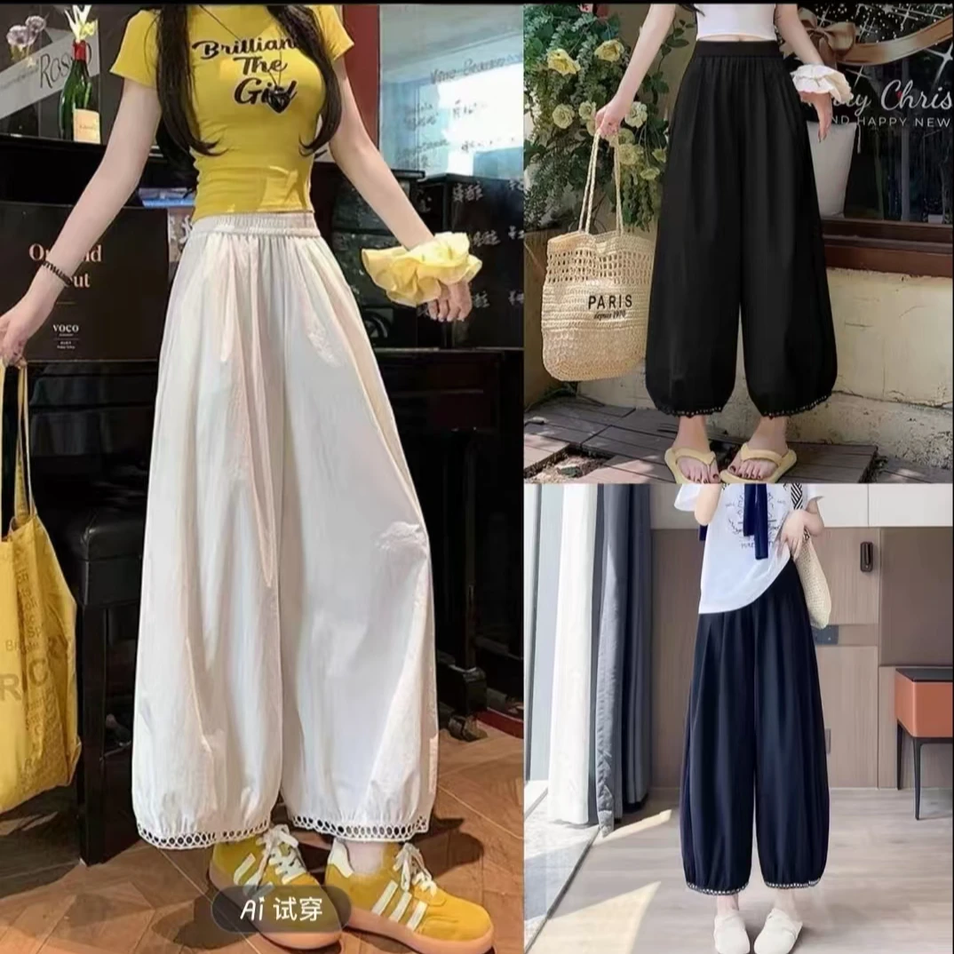 大码胖mm超显瘦镂空花边灯笼裤女夏季薄款宽松休闲冰丝九分直筒裤