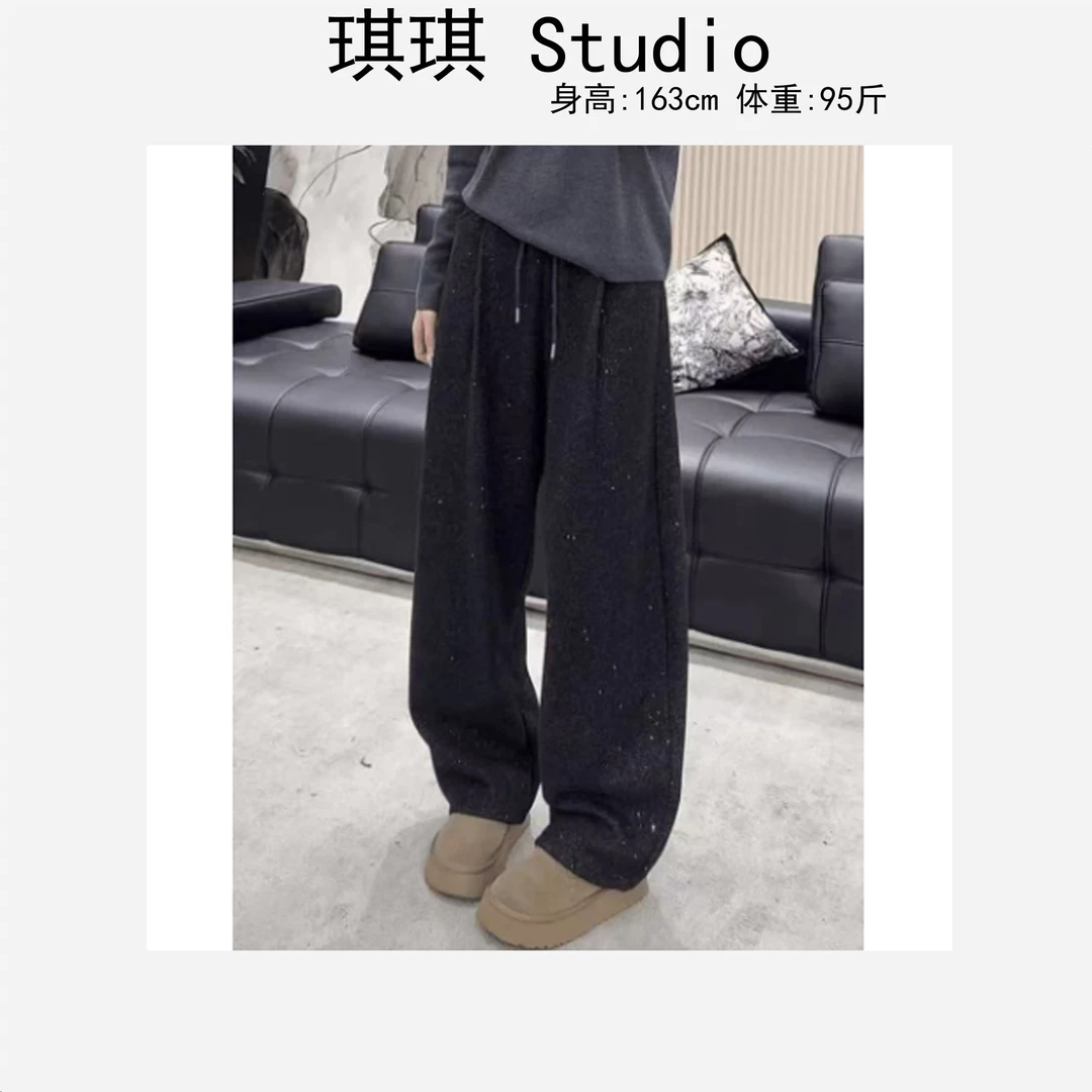 冬季新款加绒松紧腰抽绳气质时尚宽松显瘦减龄亮晶晶百搭休闲裤-M