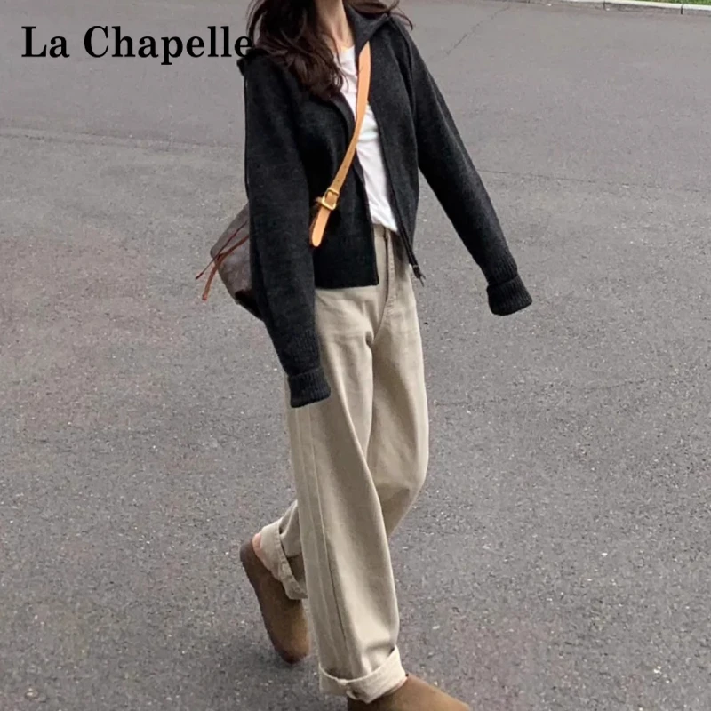 拉夏贝尔卡其色窄版直筒牛仔裤女2025新款美式春秋百搭拖地阔腿裤