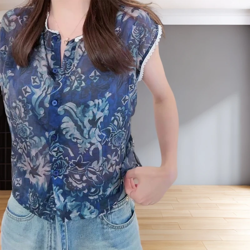 新款洋气小众时尚设计感蕾丝拼接碎花无袖上衣衬衫显瘦