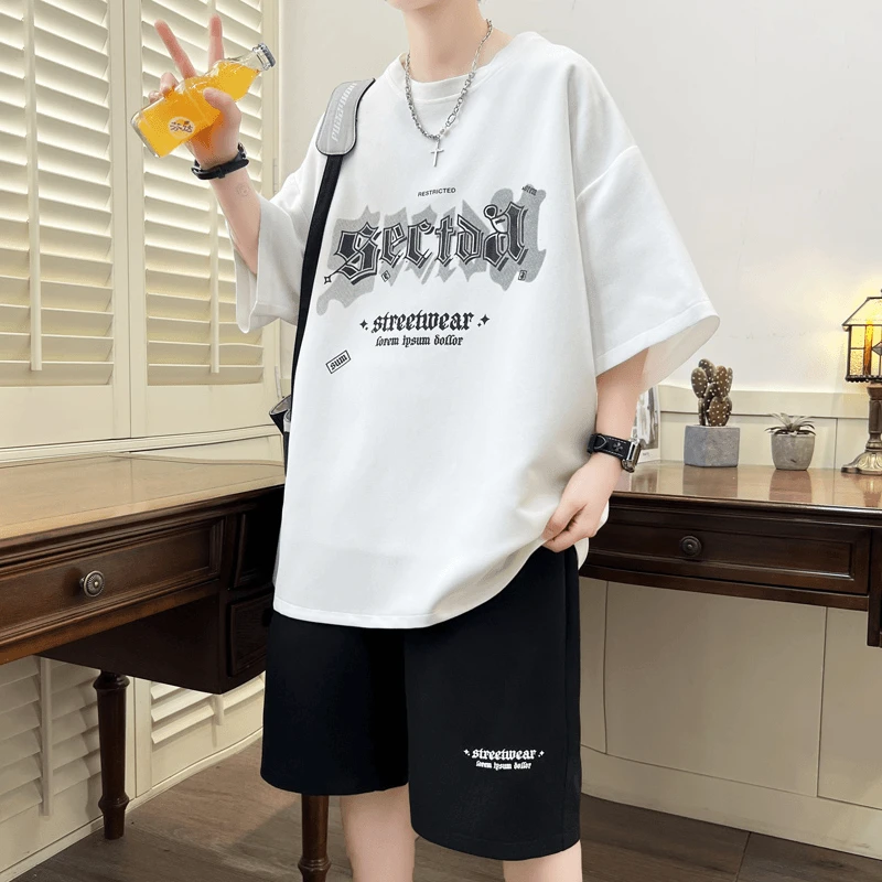 夏季高中生短袖T恤套装男青少年休闲运动百搭宽松时尚印花两件套