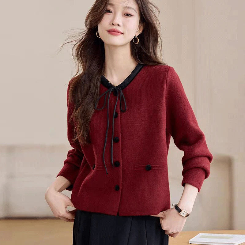 哥弟阿玛施正品设计感女式秋冬厚款开衫圆领针织宽松型衫拼色外套