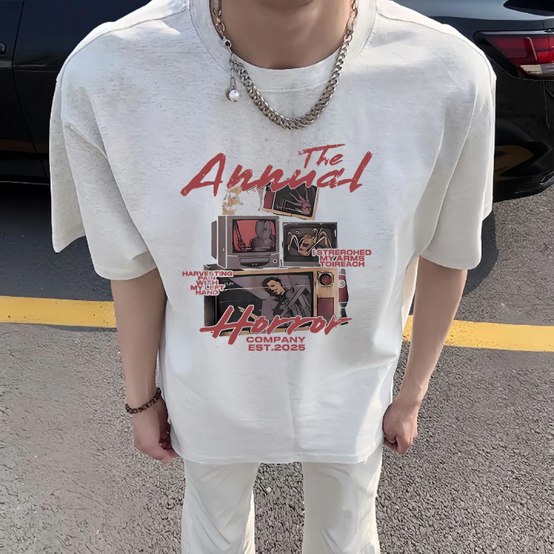 夏季白灰色重磅小众设计感纯棉短袖T恤男生宽松百搭印花圆领上衣