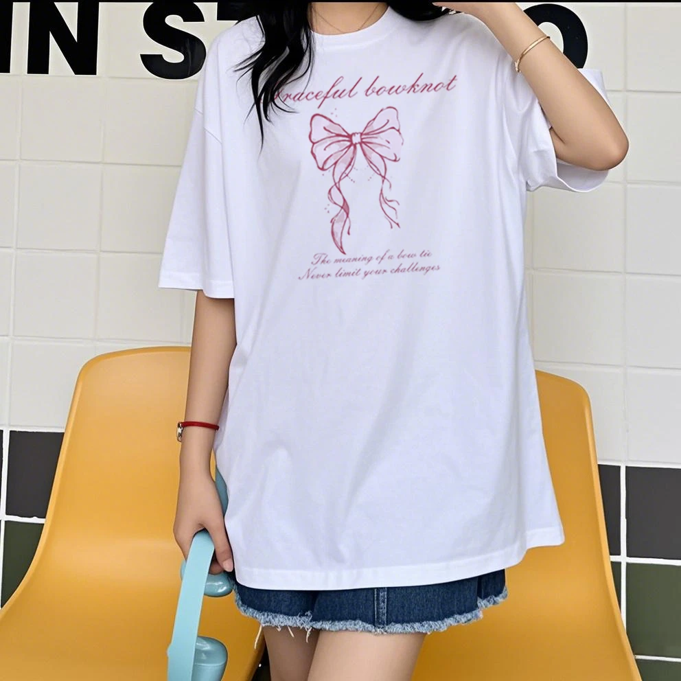 2025年夏季新款印花圆领短袖T恤女洋气百搭修身显瘦小个子t恤上衣