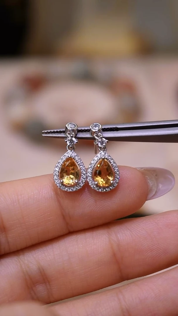银S925镶嵌耳饰水晶黄水晶耳饰