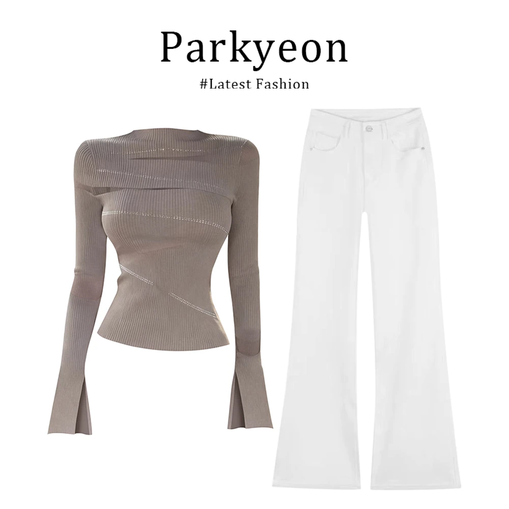 parkyeon“许我耀眼”设计感肌理感气质性感烫钻上衣百搭喇叭裤套装