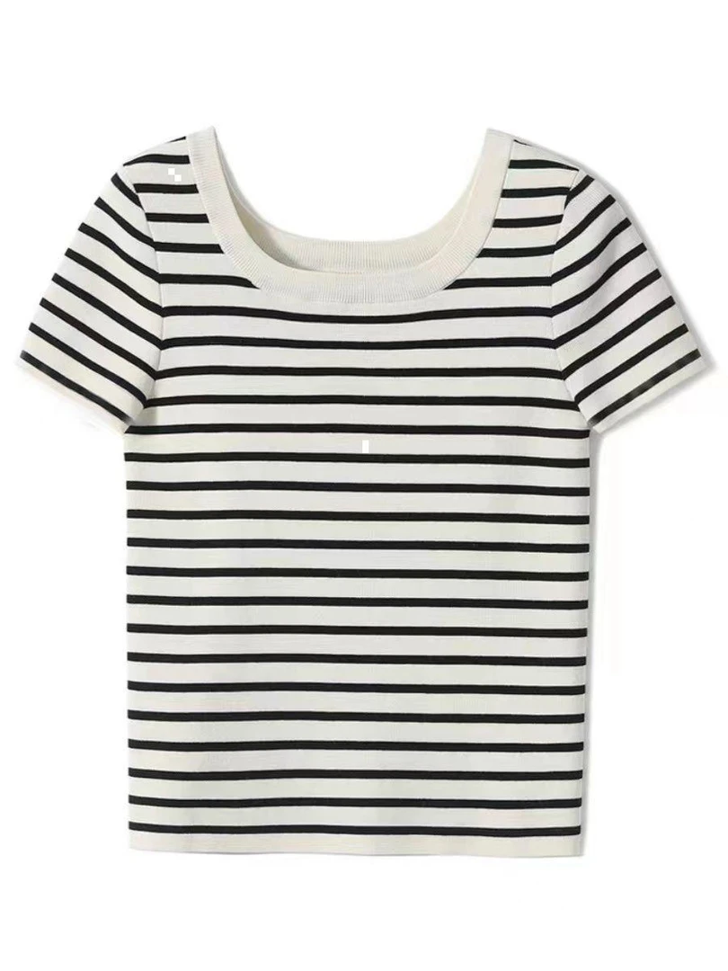 9059黑白条纹正肩短袖t恤女夏季薄款法式高级感针织衫小个子上衣