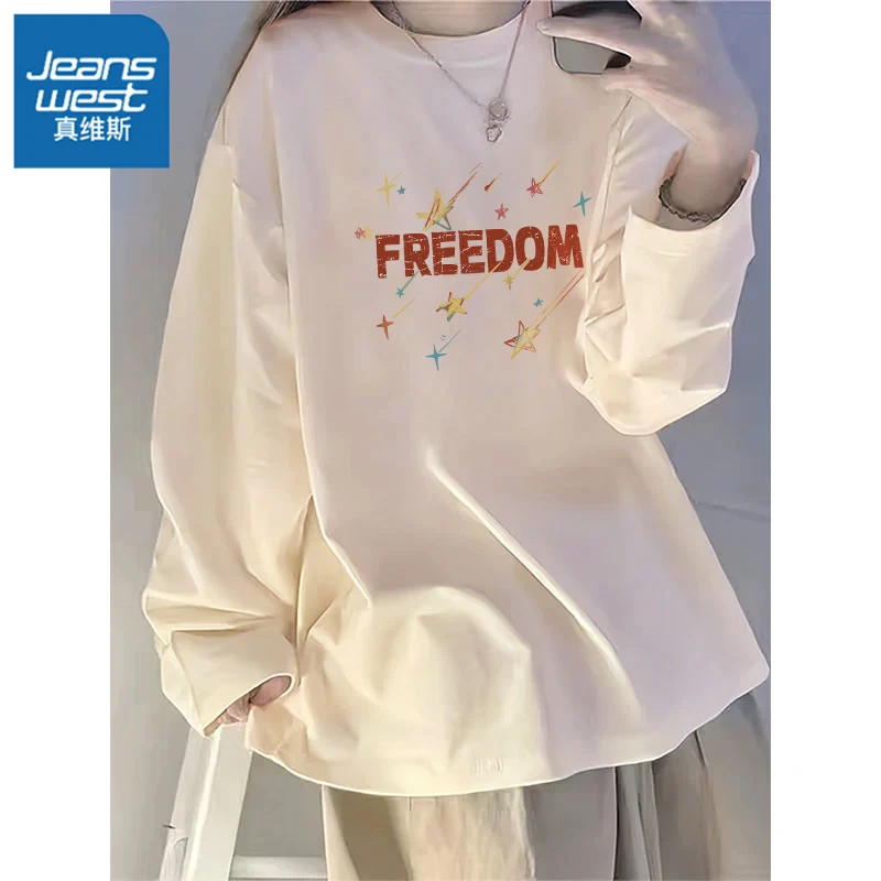 真维斯女款圆领长袖T恤女同款国潮纯棉白色打底内搭显瘦圆领上衣