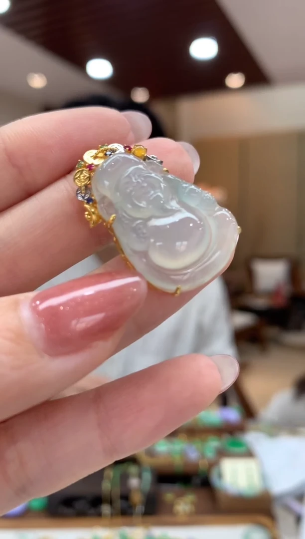 翡翠18K金镶嵌吊坠(不含链)财神