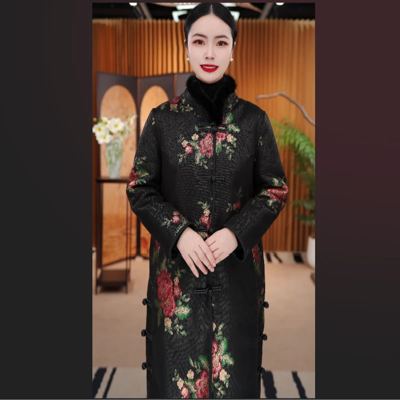 【牡丹花开】新中式2025冬季新款双面穿高贵洋气皮毛一体大衣女外套