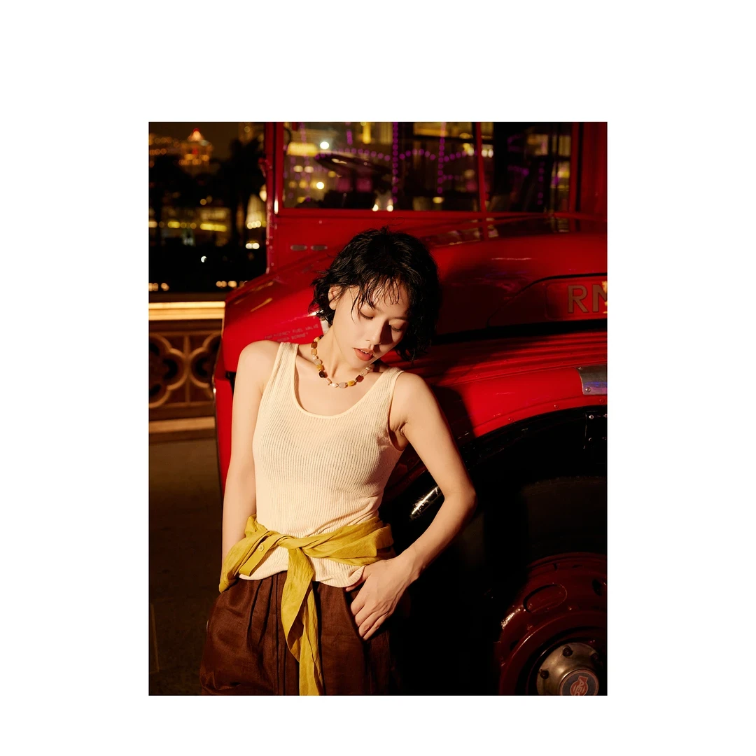 【晨昏线】PBT弹力长丝镂空百搭假日U领针织上衣小众修身夏季显瘦