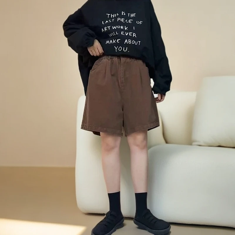 夏季新款韩版纯色简约松紧腰潮流中裤直筒阔腿宽松复古休闲