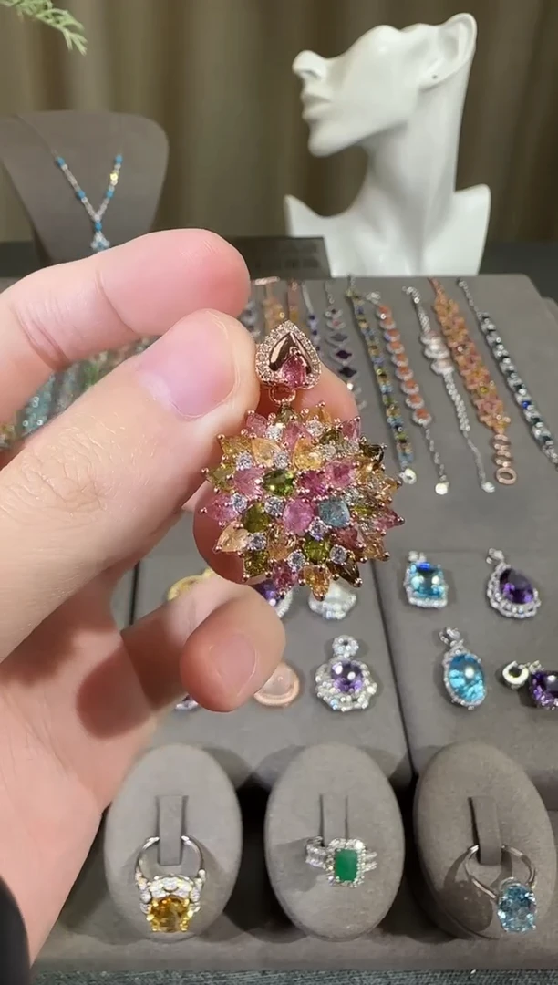 颈饰银S925镶嵌碧玺23mm繁花设计款吊坠多样性发其一