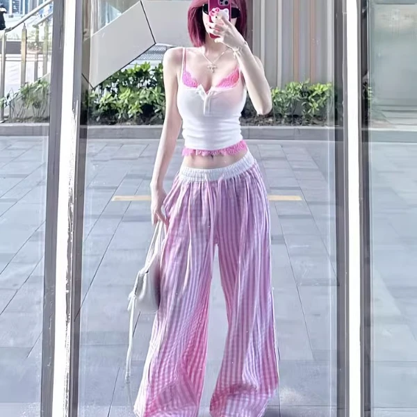 假两件粉色格子休闲裤女夏季薄款2025新款宽松直筒垂感遛弯阔腿裤