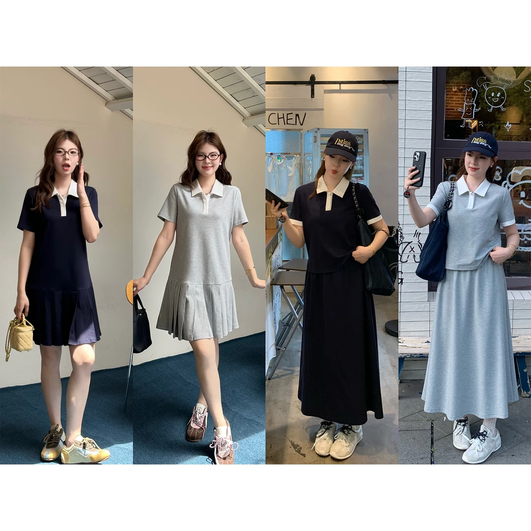 裂渡宣宣【听我安利】微胖大码女Polo连衣裙+上衣+半裙套装ZY506V80