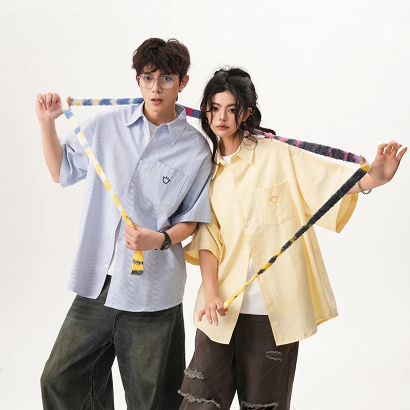 条纹笑脸刺绣短袖衬衫男女夏季古巴领衬衣情侣防晒外套潮