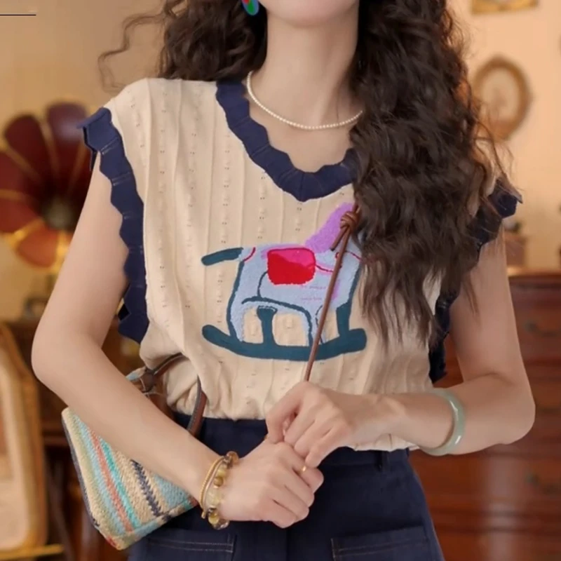 【摇曳木马】夏季港风刺绣复古短袖休闲T恤针织上衣LK2504021